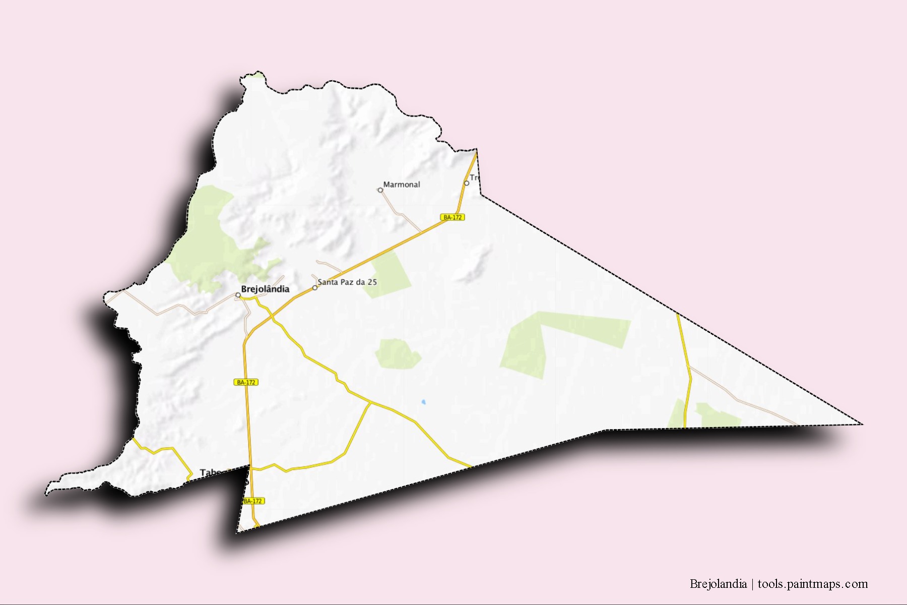 Mapa de barrios y pueblos de Brejolandia con efecto de sombra 3D