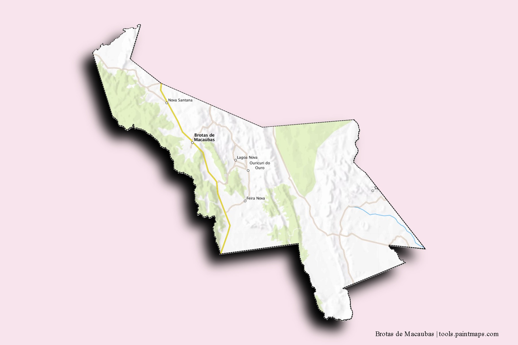 Mapa de barrios y pueblos de Brotas de Macaubas con efecto de sombra 3D