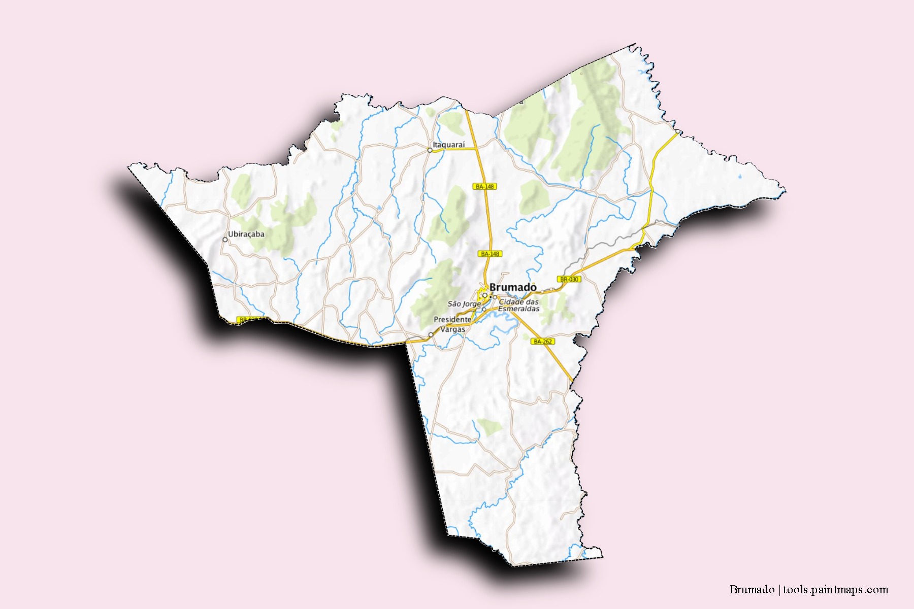 Mapa de barrios y pueblos de Brumado con efecto de sombra 3D