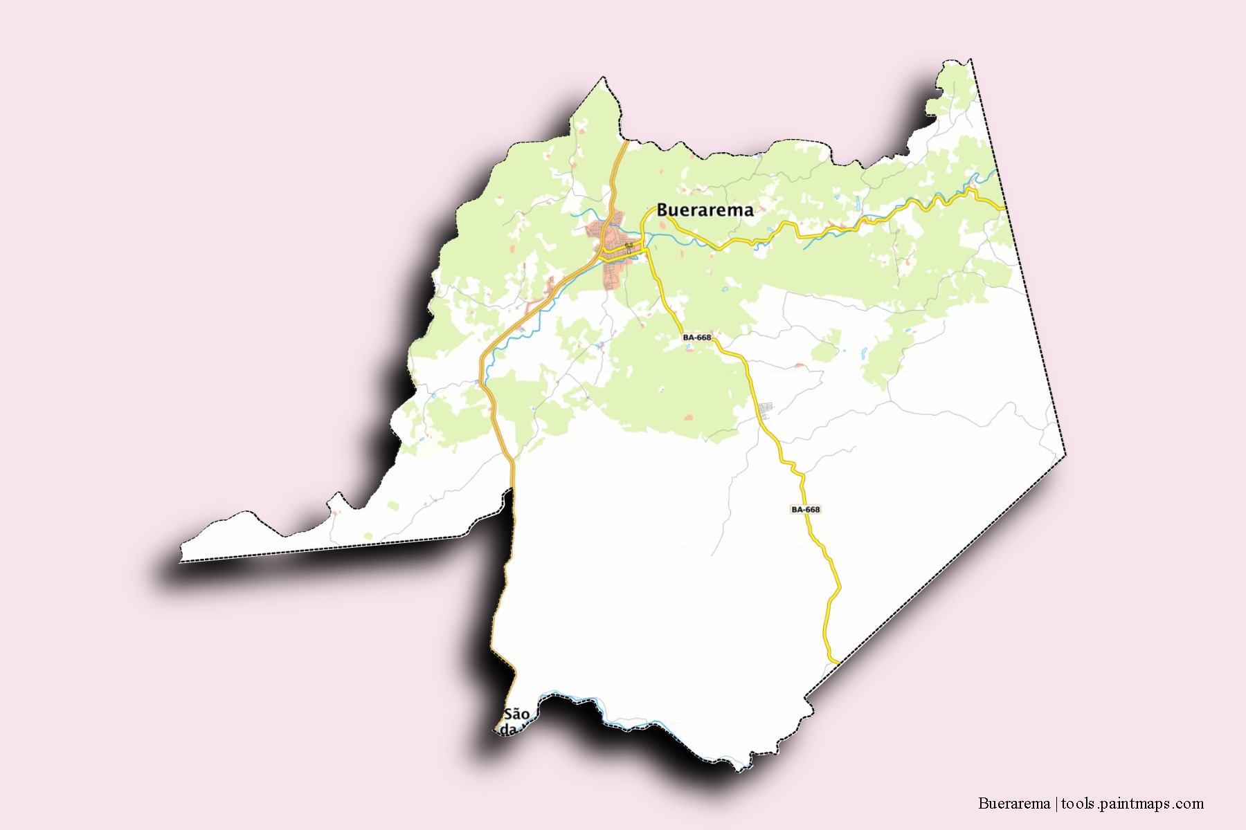 Mapa de barrios y pueblos de Buerarema con efecto de sombra 3D