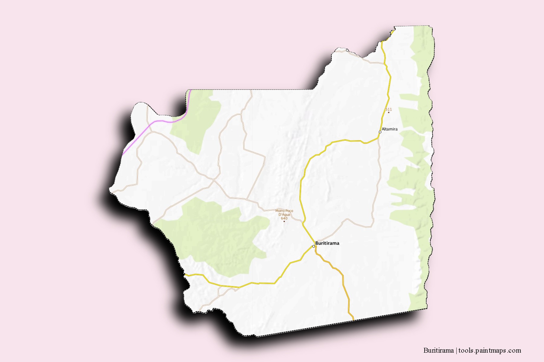 Mapa de barrios y pueblos de Buritirama con efecto de sombra 3D