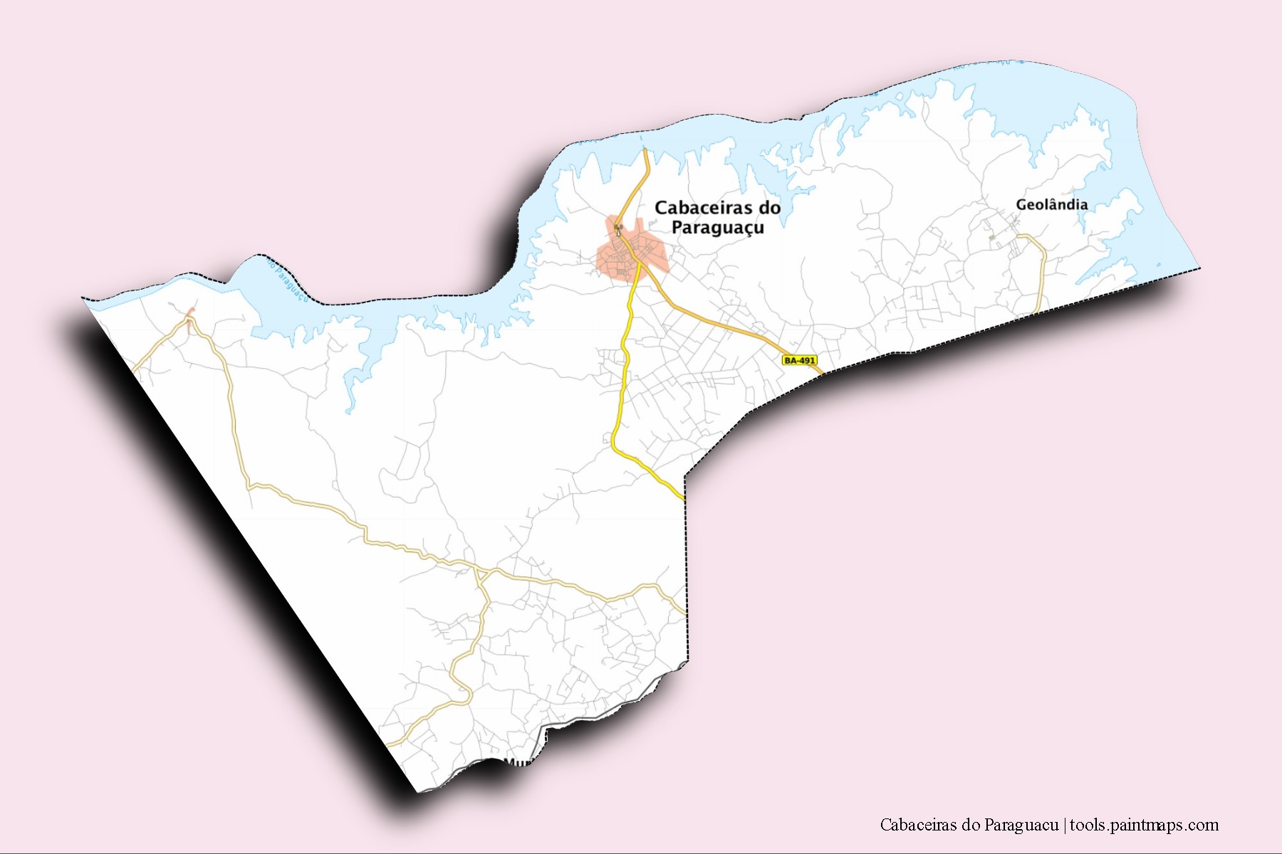 Mapa de barrios y pueblos de Cabaceiras do Paraguacu con efecto de sombra 3D