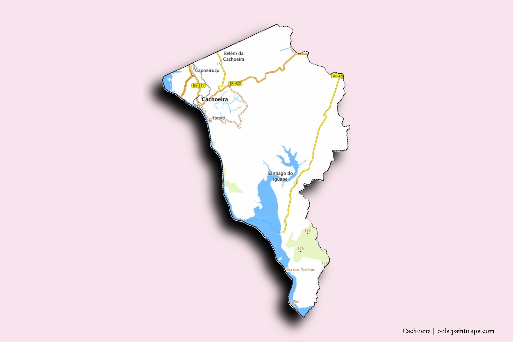 Mapa de barrios y pueblos de Cachoeira con efecto de sombra 3D