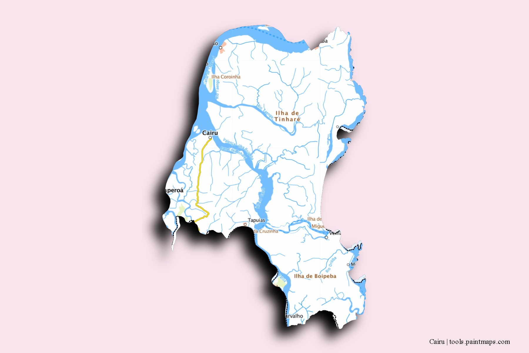 Mapa de barrios y pueblos de Cairu con efecto de sombra 3D