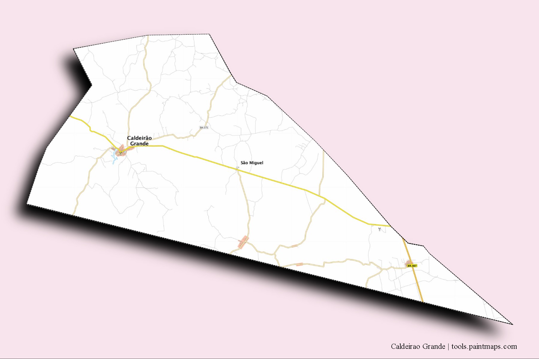 Mapa de barrios y pueblos de Caldeirao Grande con efecto de sombra 3D