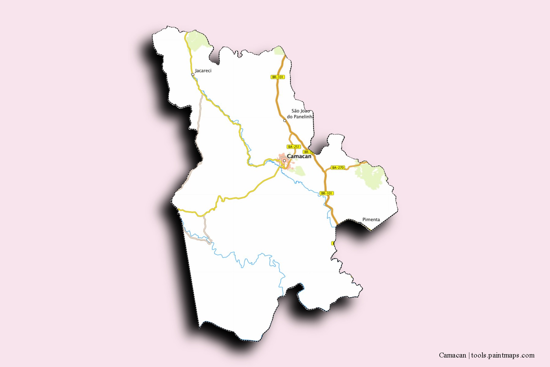 Mapa de barrios y pueblos de Camacan con efecto de sombra 3D