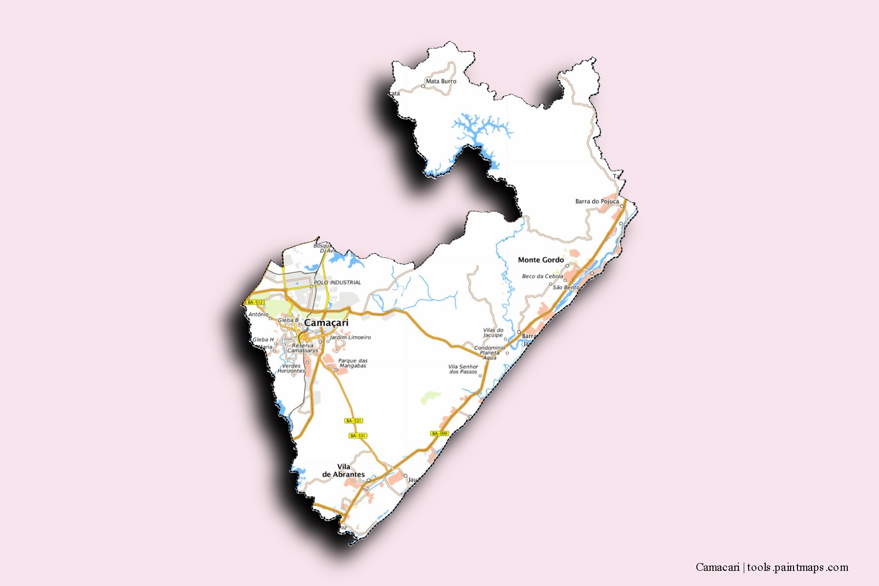 Camacari neighborhoods and villages map with 3D shadow effect