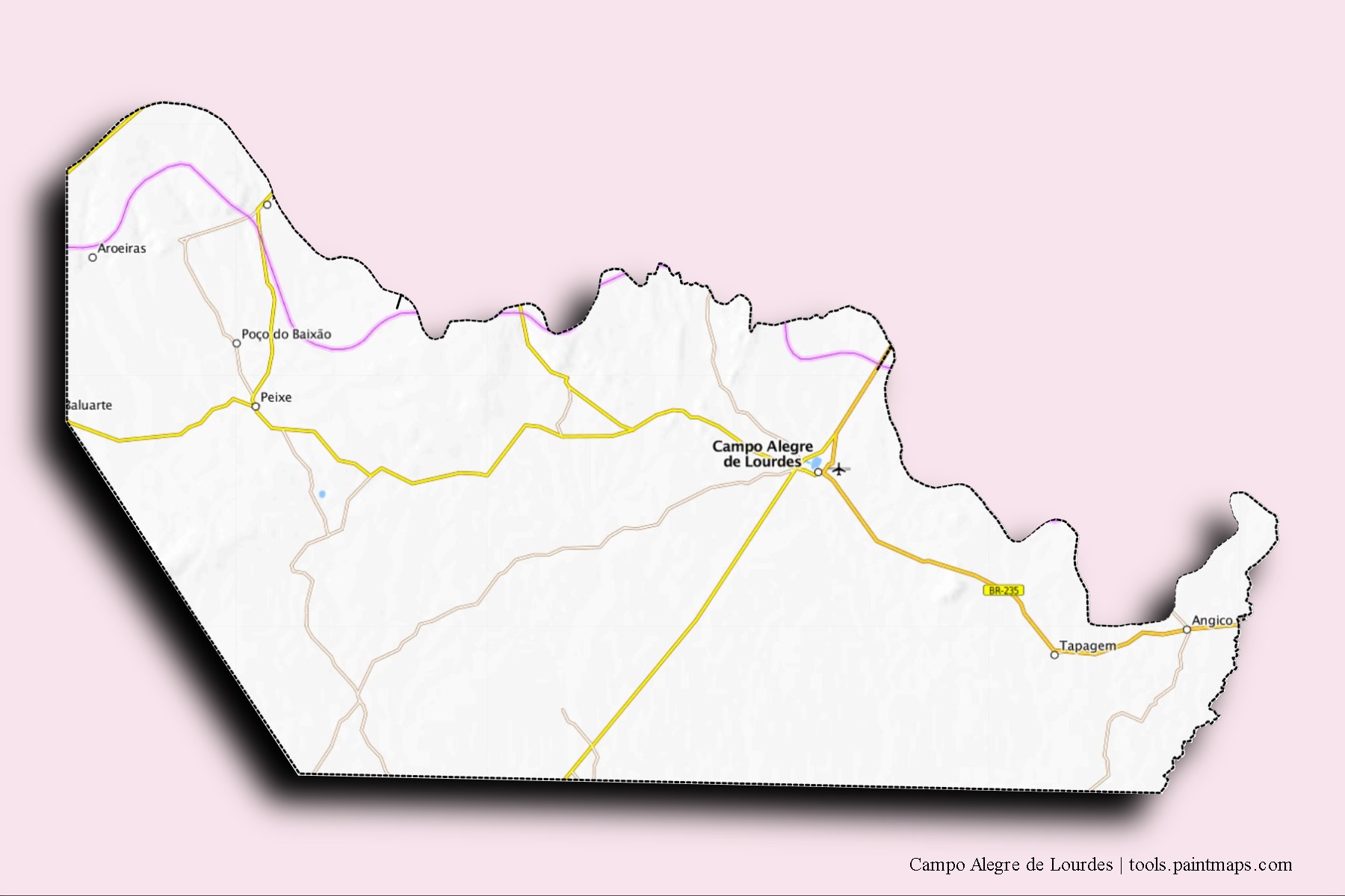 Mapa de barrios y pueblos de Campo Alegre de Lourdes con efecto de sombra 3D