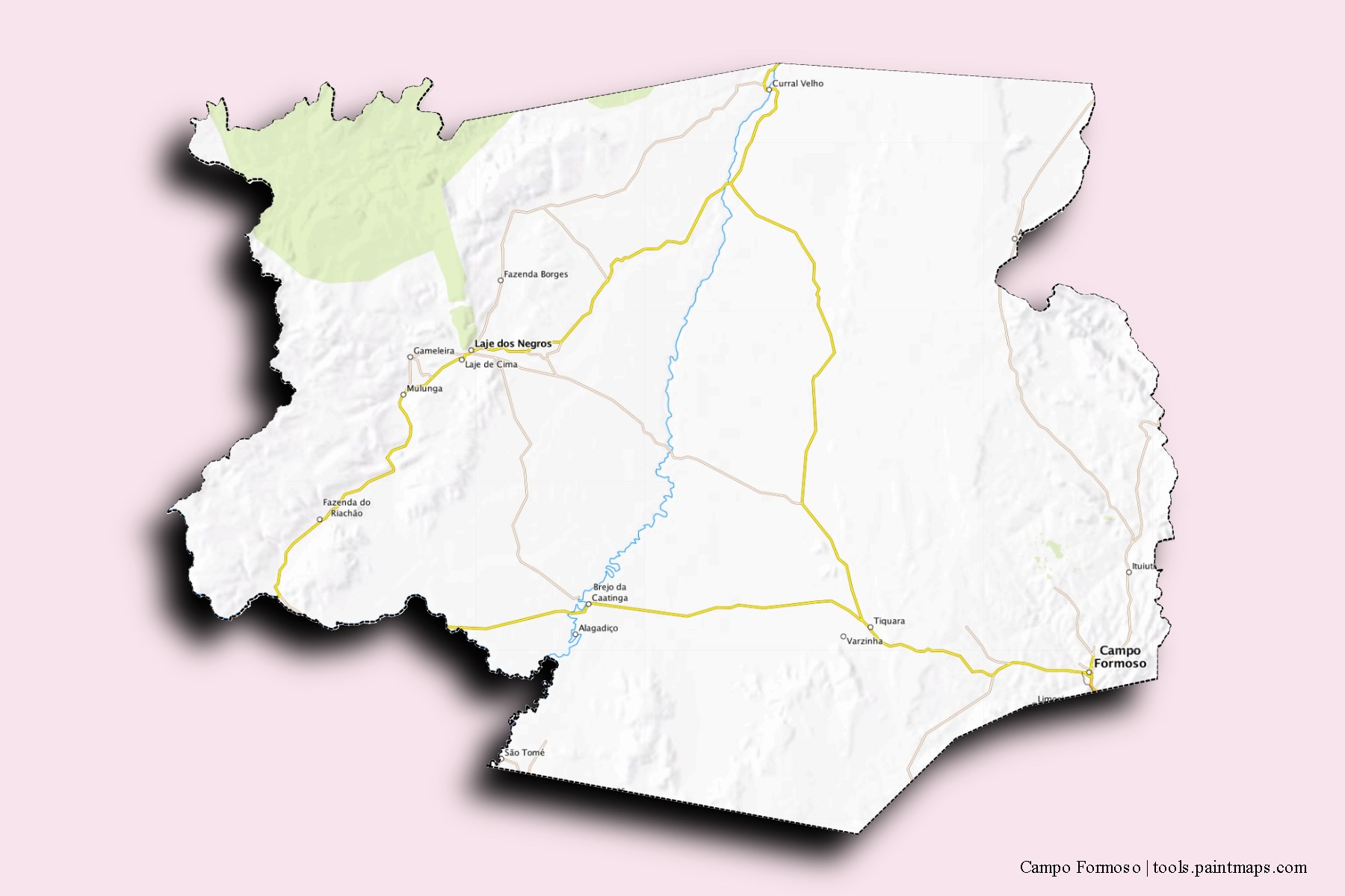 Mapa de barrios y pueblos de Campo Formoso con efecto de sombra 3D