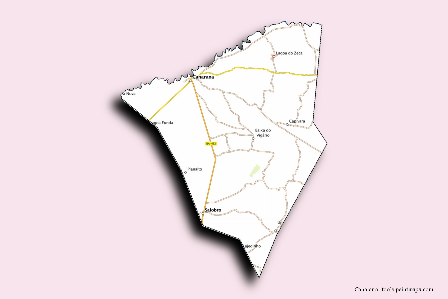 Mapa de barrios y pueblos de Canarana con efecto de sombra 3D