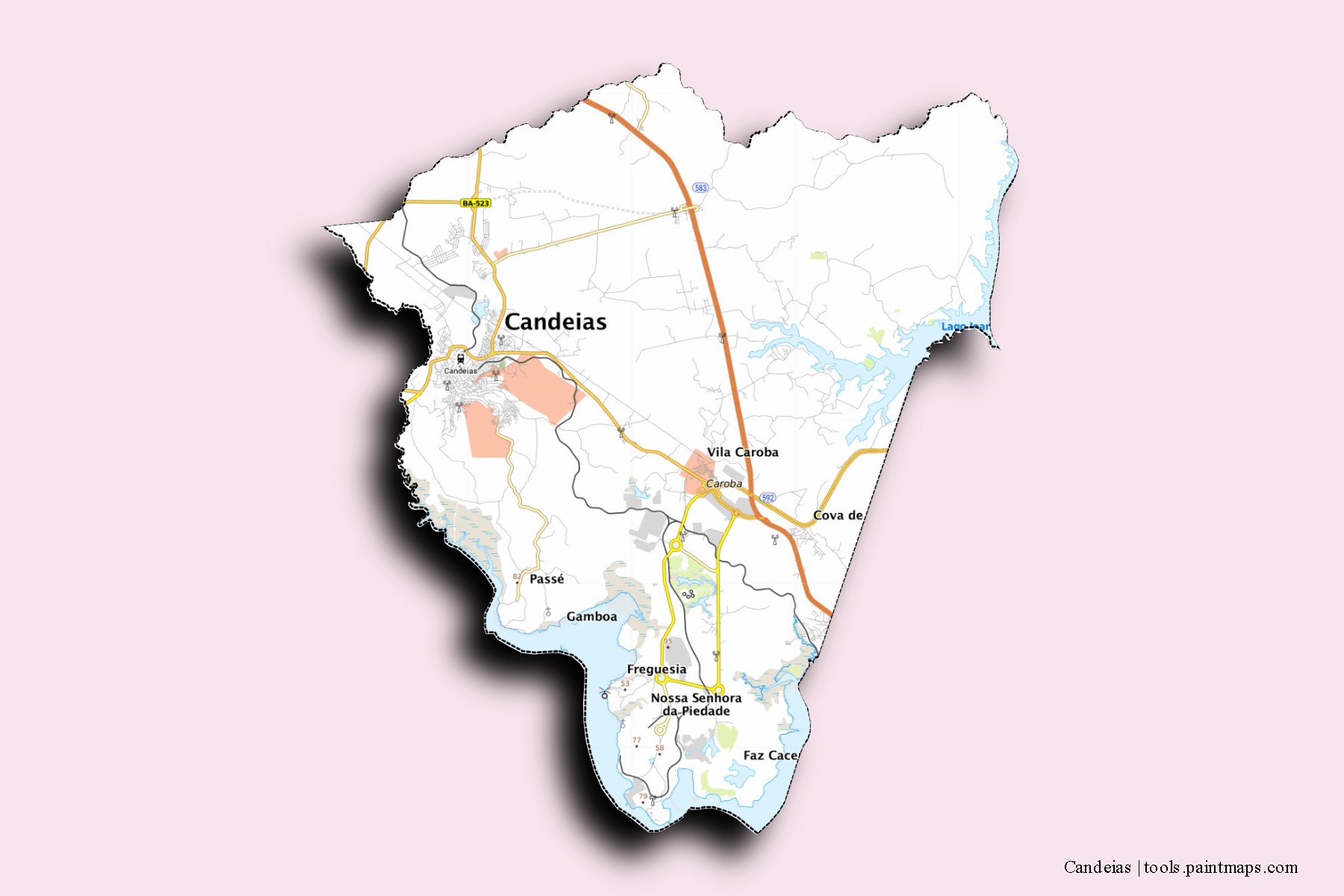 Mapa de barrios y pueblos de Candeias con efecto de sombra 3D