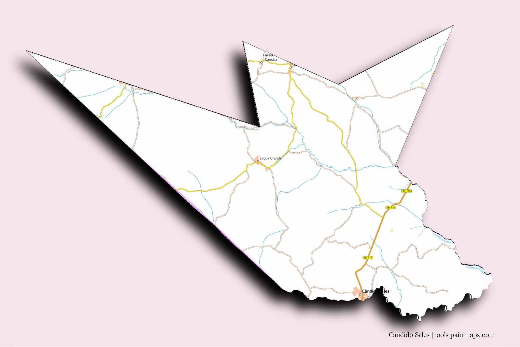 Mapa de barrios y pueblos de Candido Sales con efecto de sombra 3D