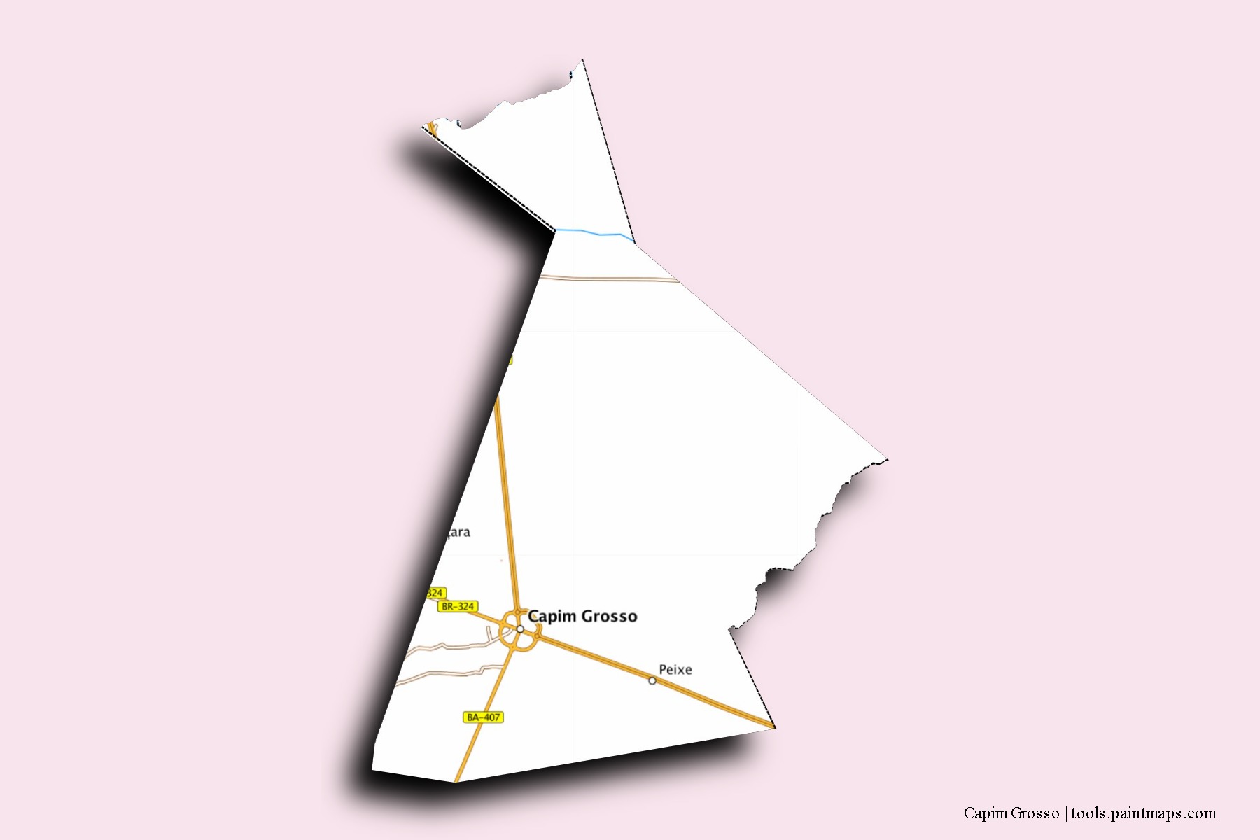 Mapa de barrios y pueblos de Capim Grosso con efecto de sombra 3D