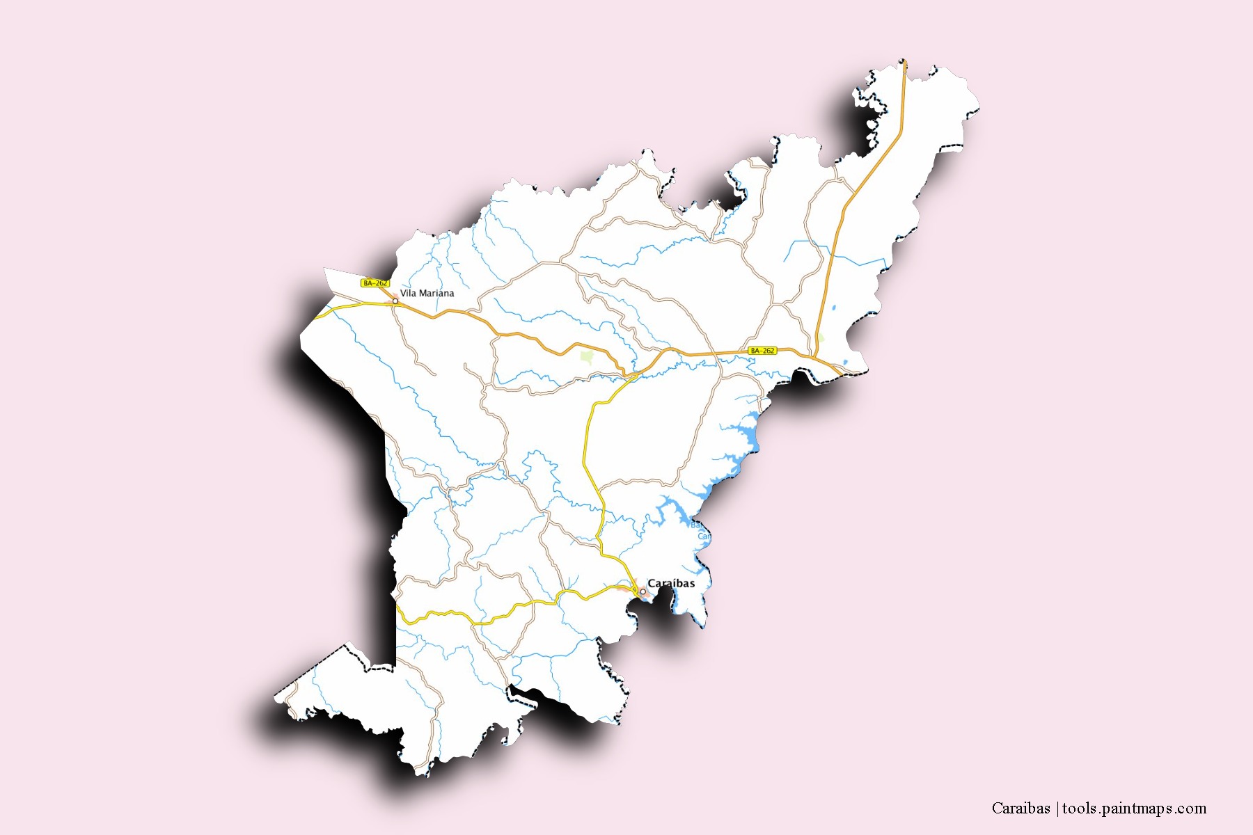 Mapa de barrios y pueblos de Caraibas con efecto de sombra 3D