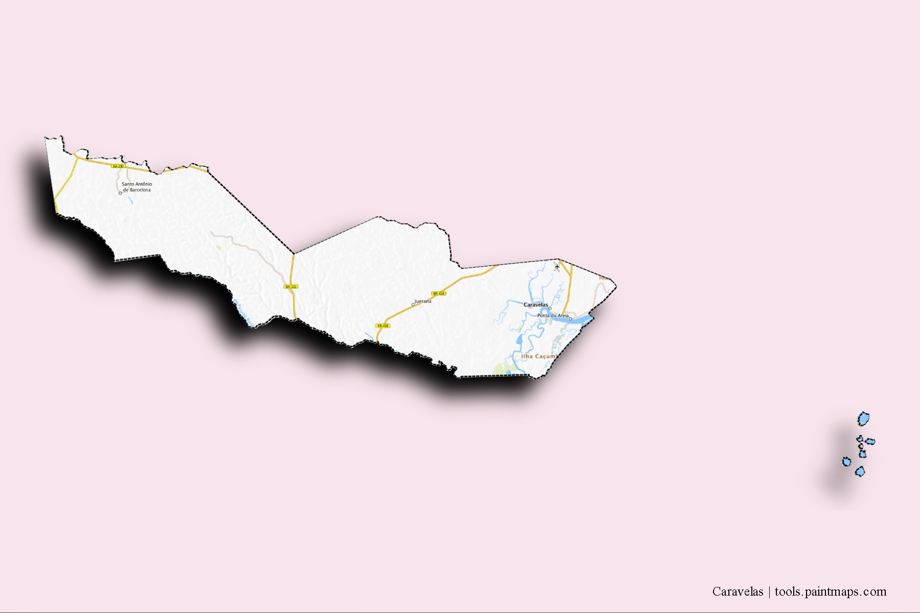 Caravelas neighborhoods and villages map with 3D shadow effect