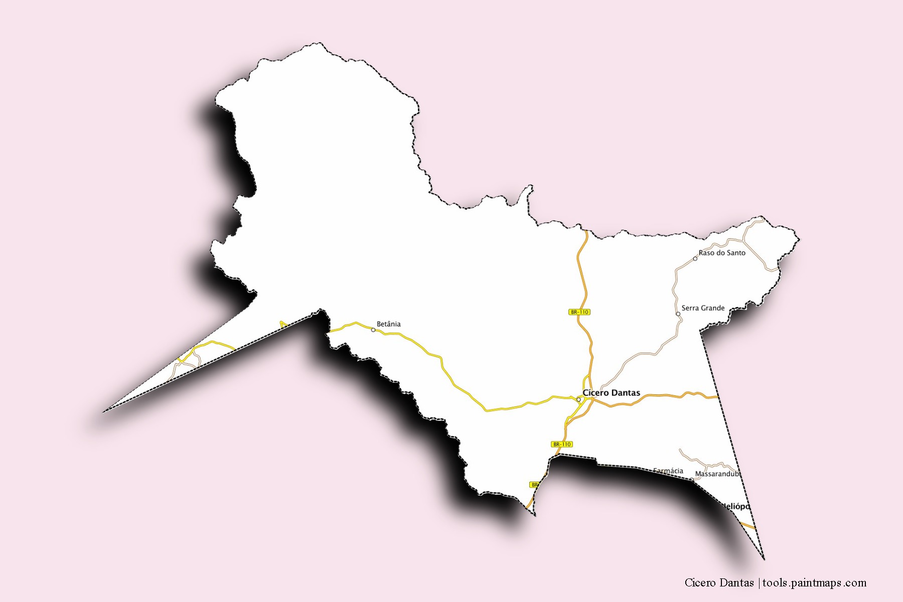 Mapa de barrios y pueblos de Cicero Dantas con efecto de sombra 3D