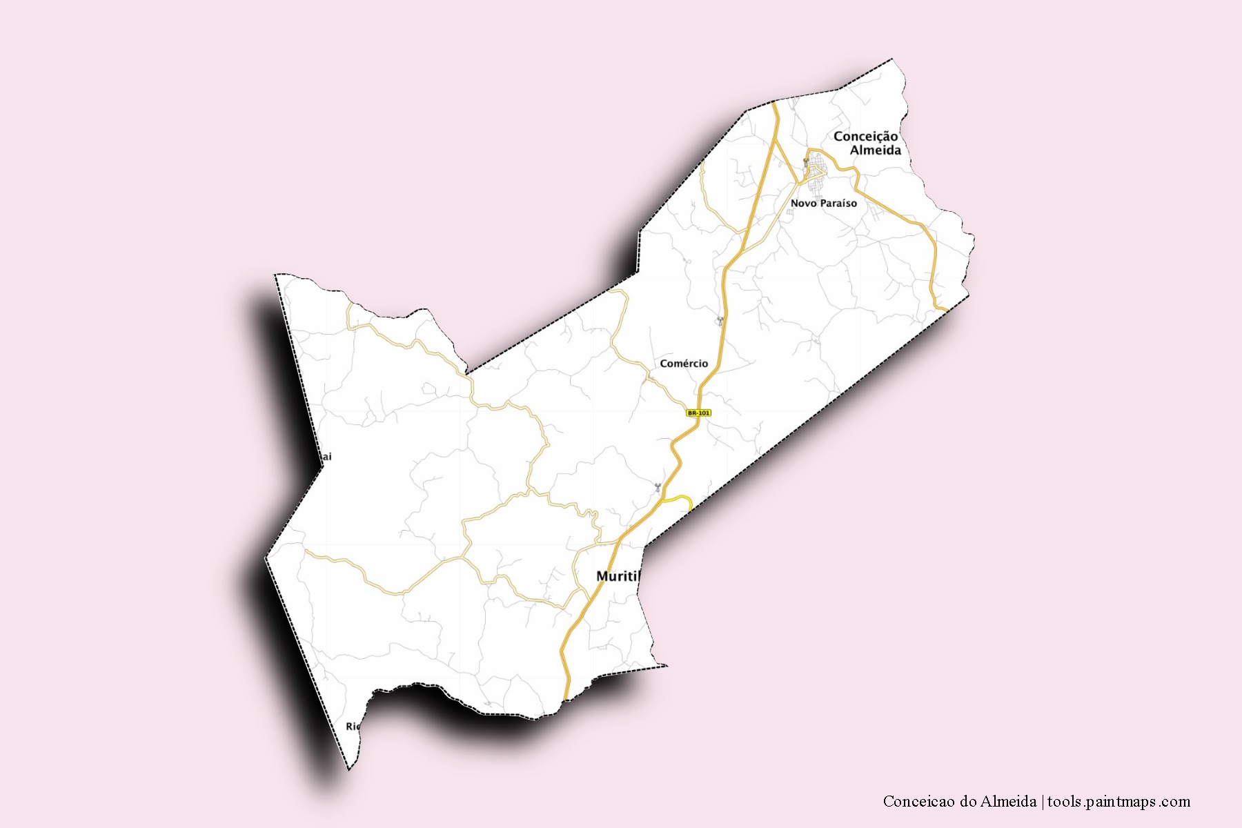 Mapa de barrios y pueblos de Conceicao do Almeida con efecto de sombra 3D