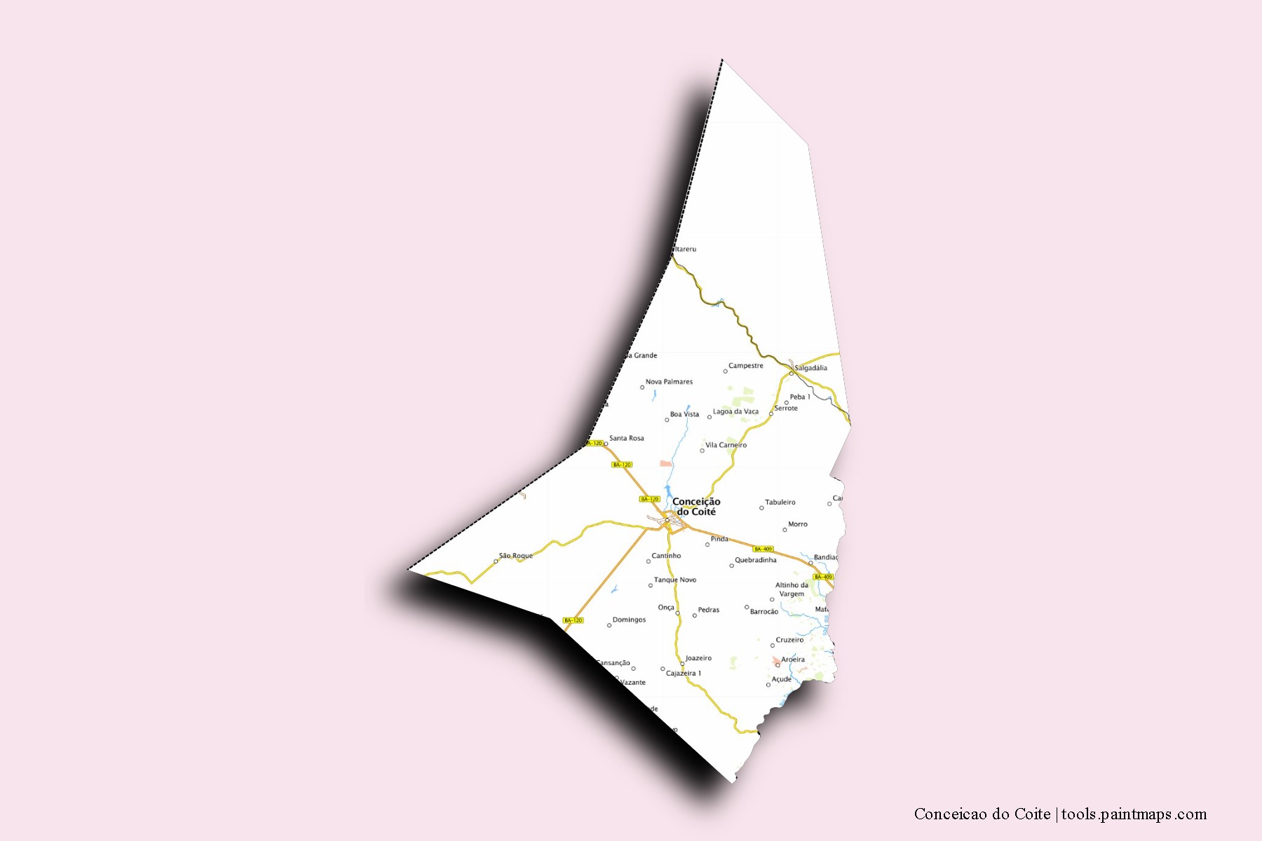 Mapa de barrios y pueblos de Conceicao do Coite con efecto de sombra 3D