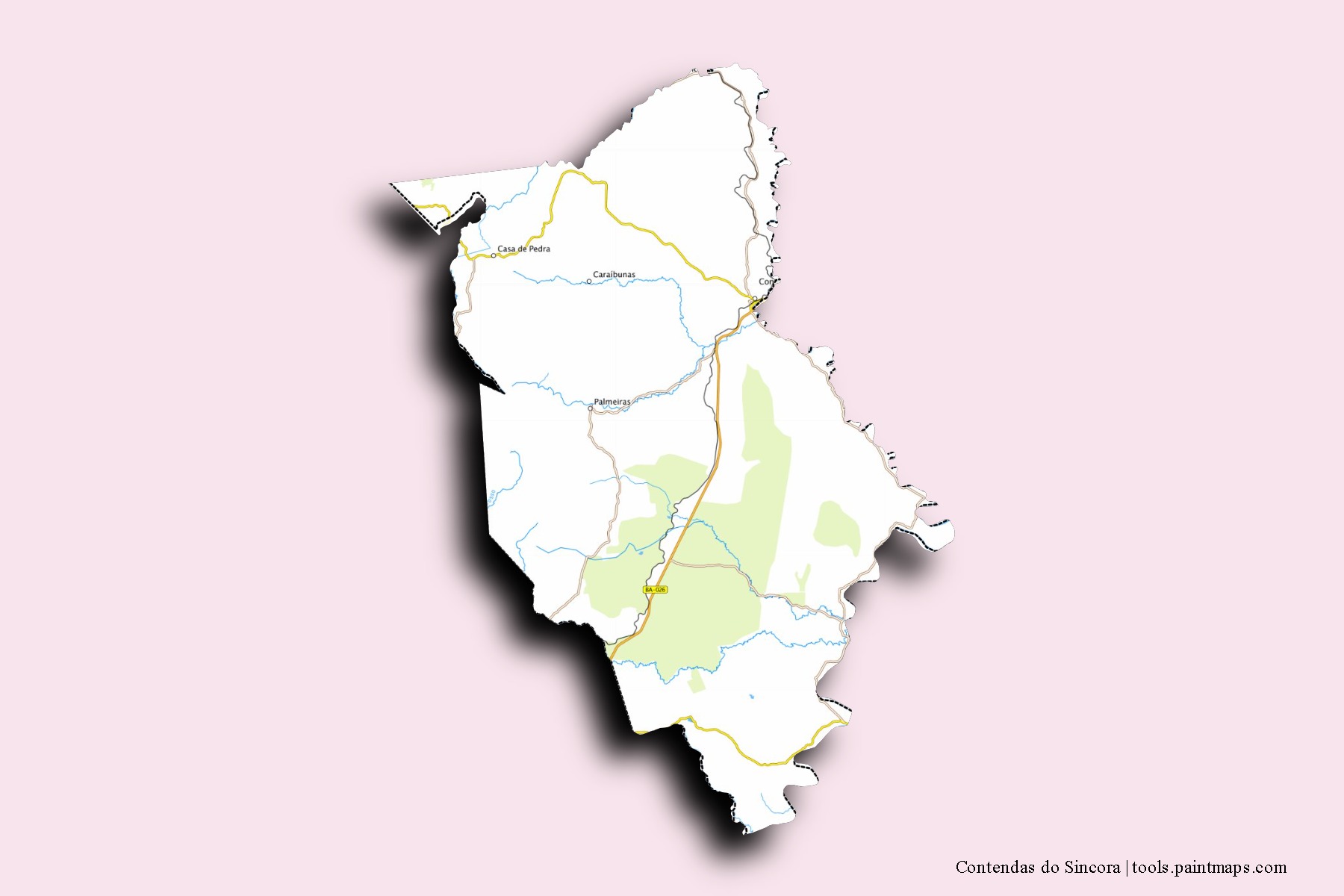 Contendas do Sincora neighborhoods and villages map with 3D shadow effect