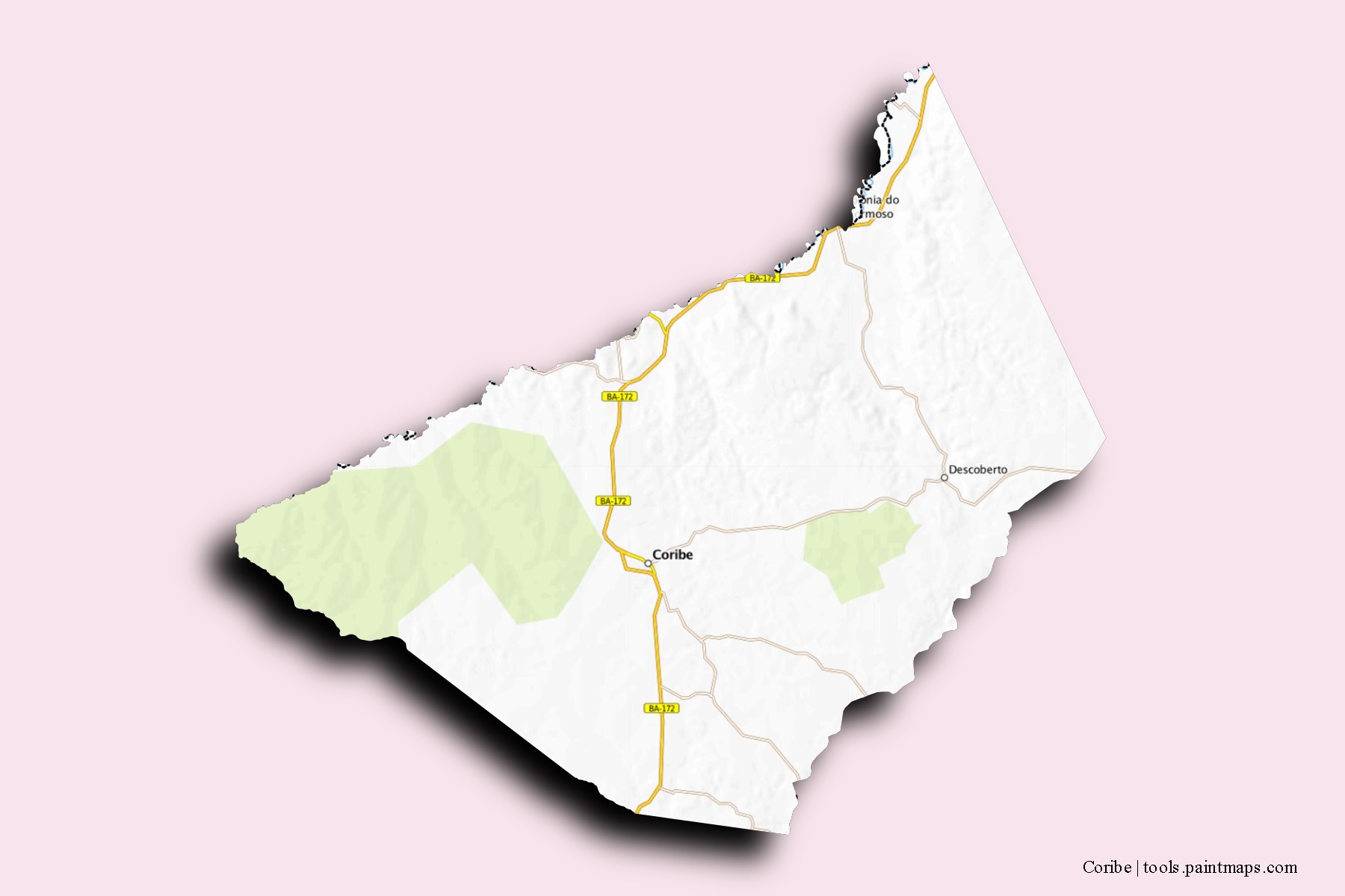 Mapa de barrios y pueblos de Coribe con efecto de sombra 3D