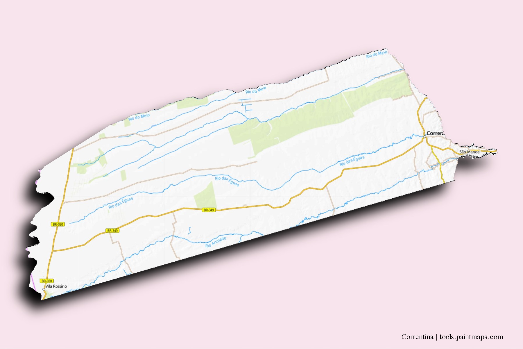 Correntina neighborhoods and villages map with 3D shadow effect