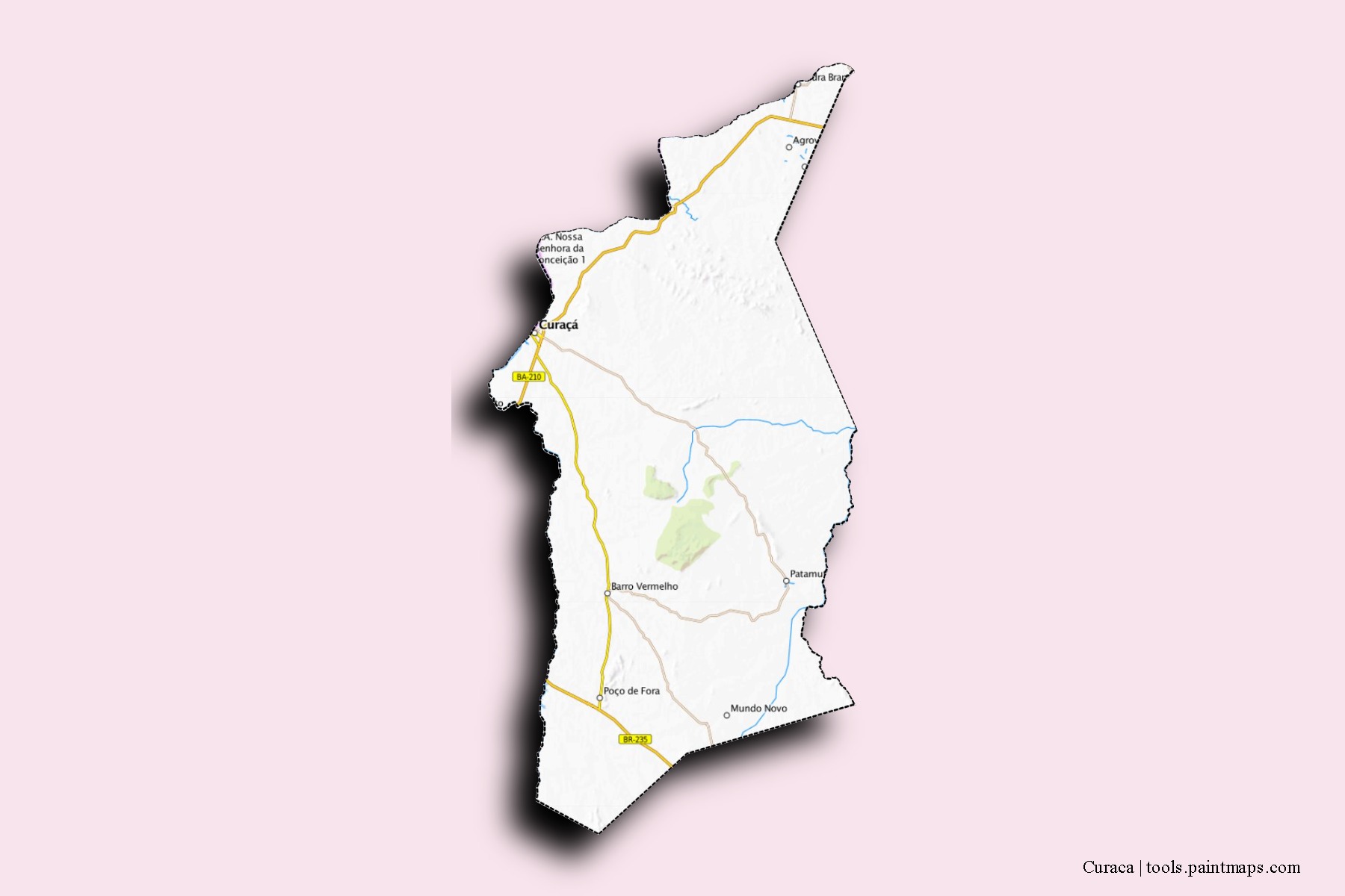 Mapa de barrios y pueblos de Curaca con efecto de sombra 3D