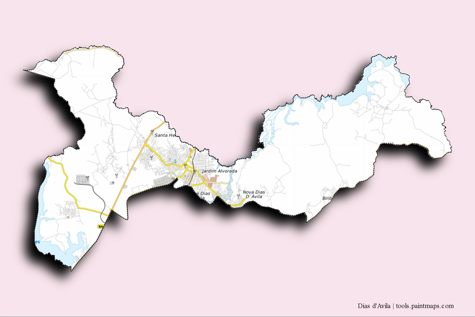 Mapa de barrios y pueblos de Dias d'Avila con efecto de sombra 3D