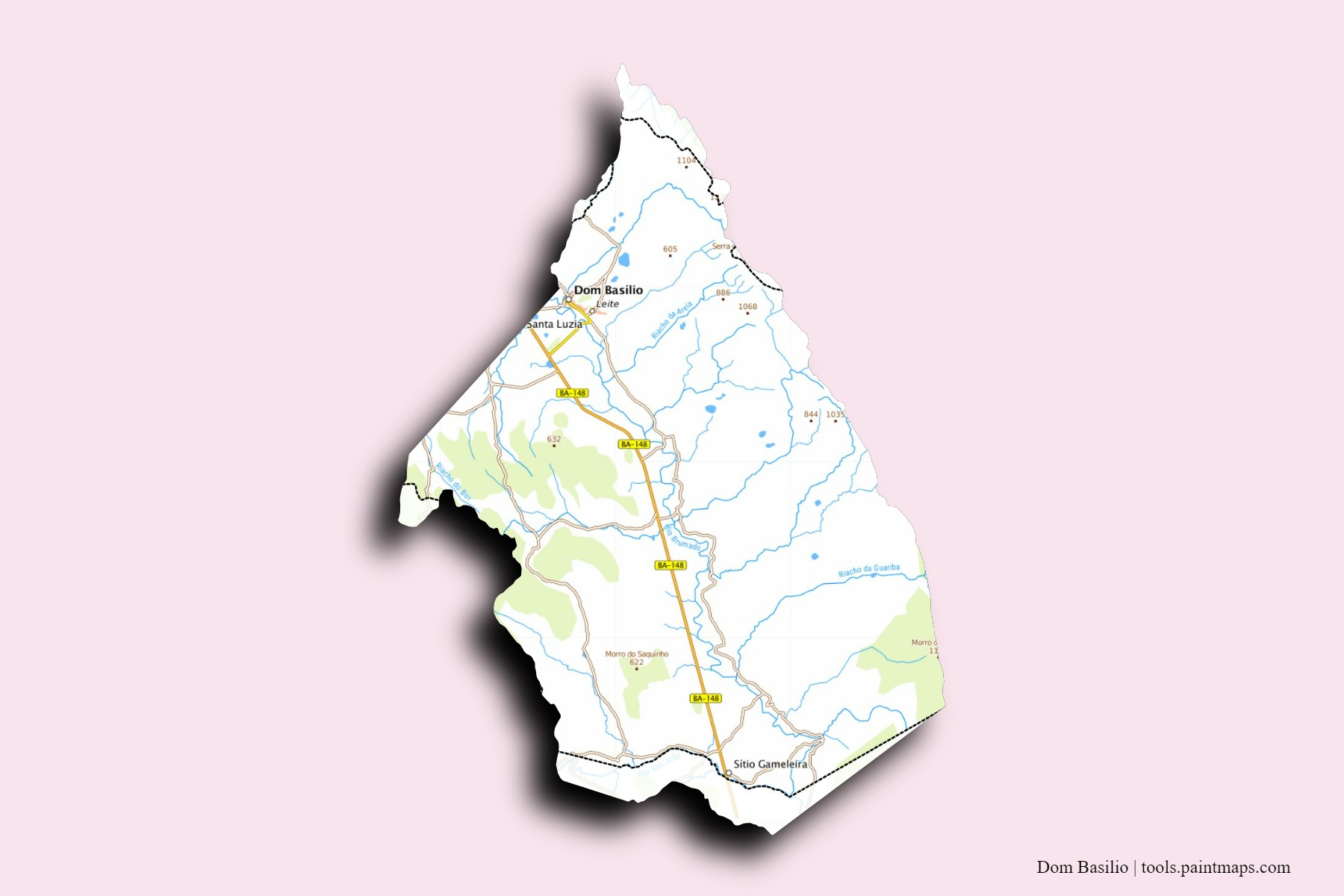 Mapa de barrios y pueblos de Dom Basilio con efecto de sombra 3D