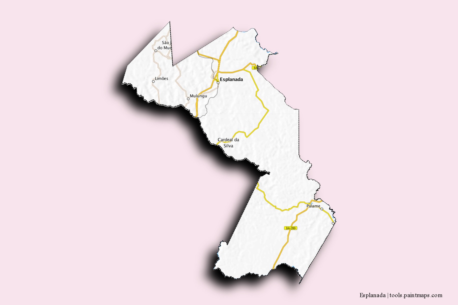 Mapa de barrios y pueblos de Esplanada con efecto de sombra 3D