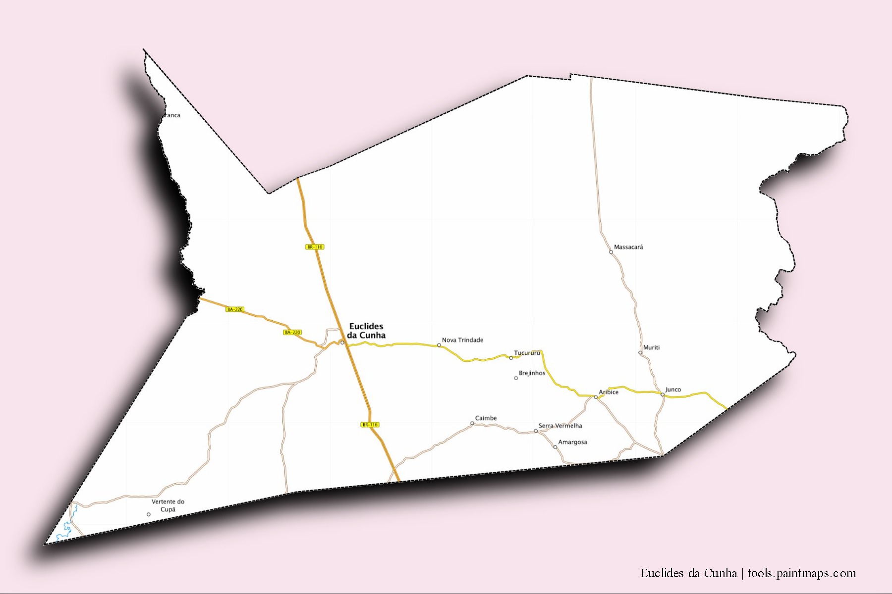 Mapa de barrios y pueblos de Euclides da Cunha con efecto de sombra 3D