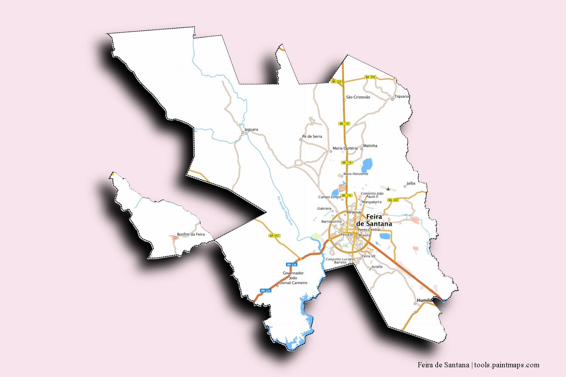 Mapa de barrios y pueblos de Feira de Santana con efecto de sombra 3D