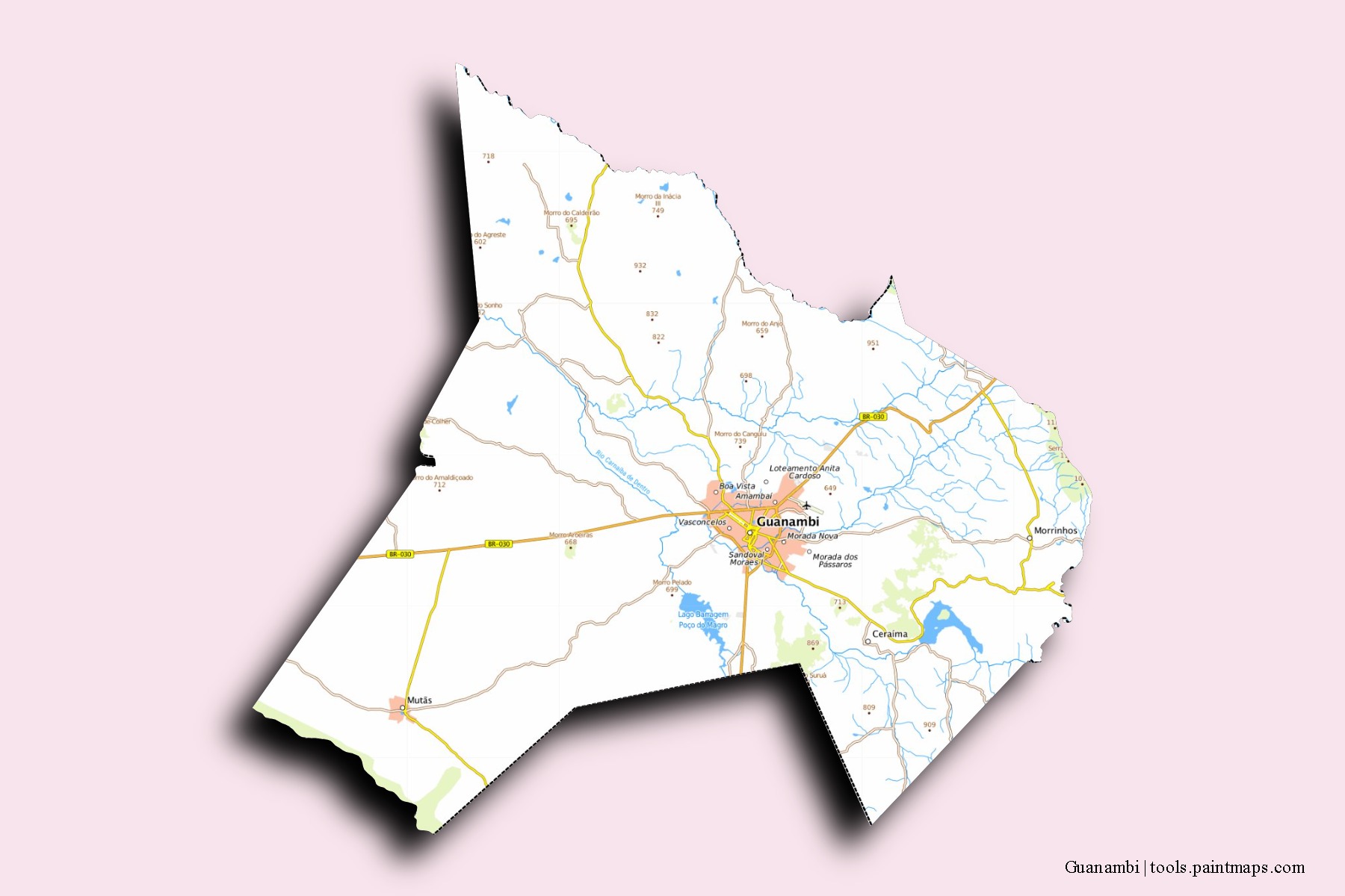 Guanambi neighborhoods and villages map with 3D shadow effect