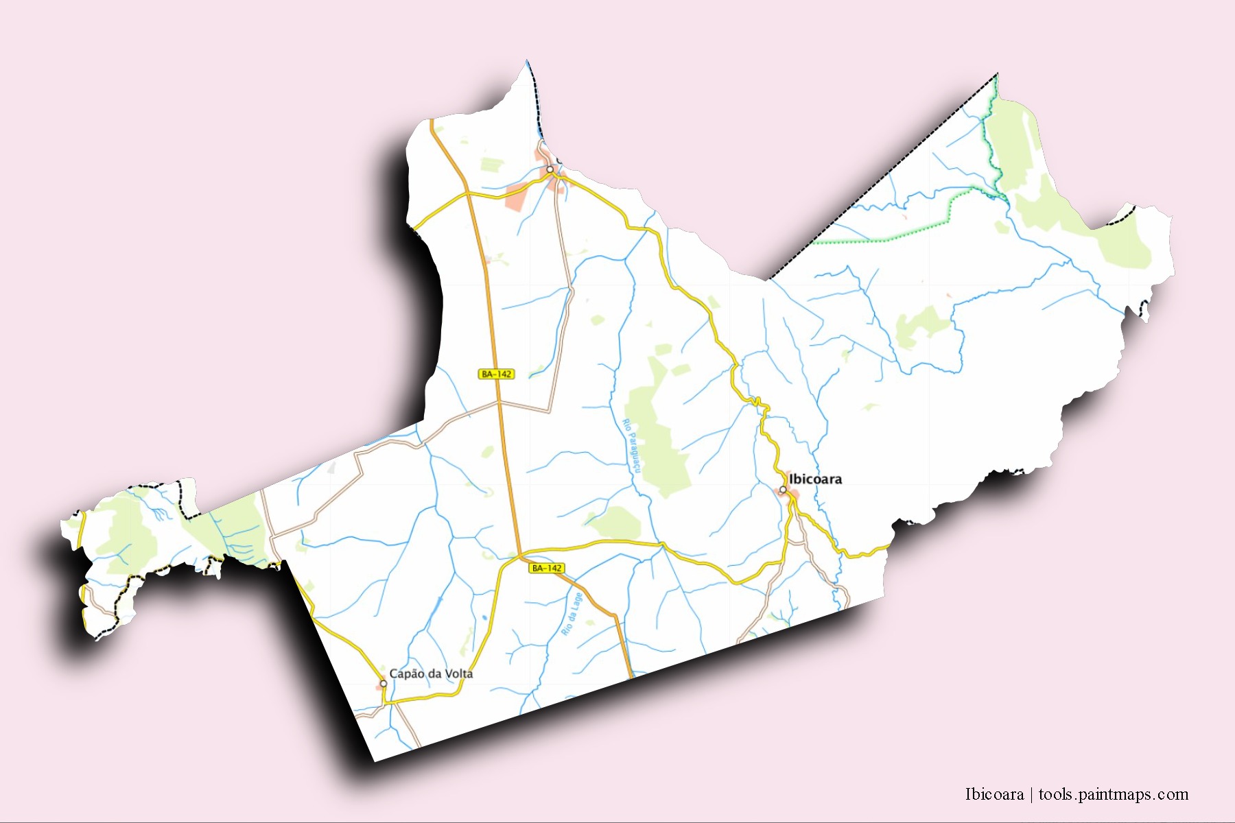 Mapa de barrios y pueblos de Ibicoara con efecto de sombra 3D