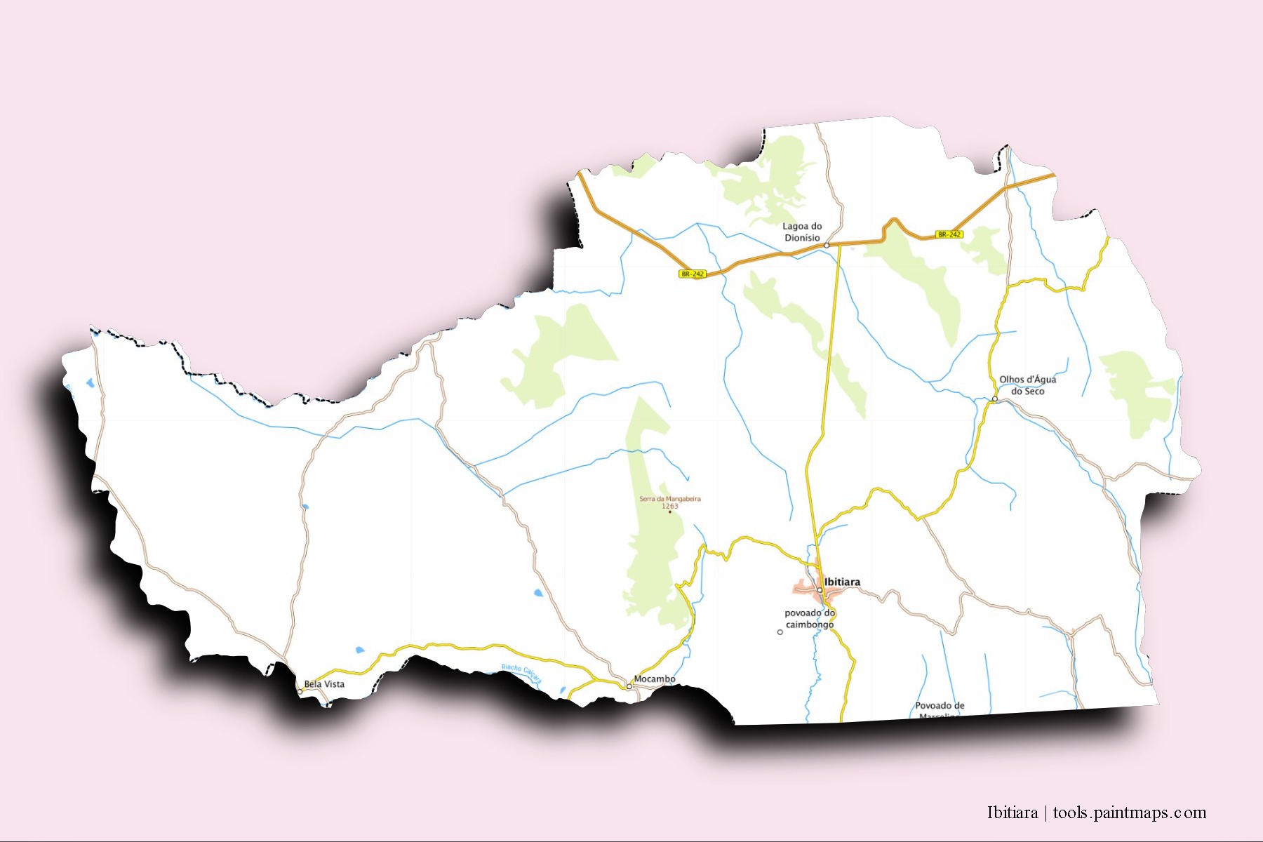 Mapa de barrios y pueblos de Ibitiara con efecto de sombra 3D