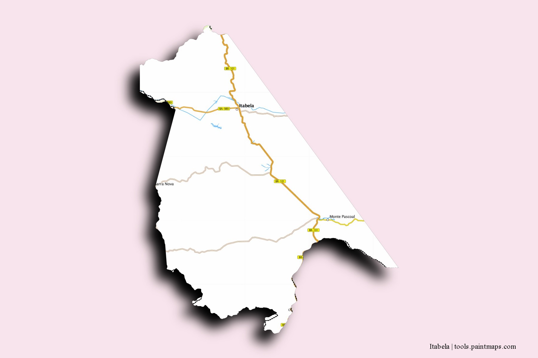 Mapa de barrios y pueblos de Itabela con efecto de sombra 3D