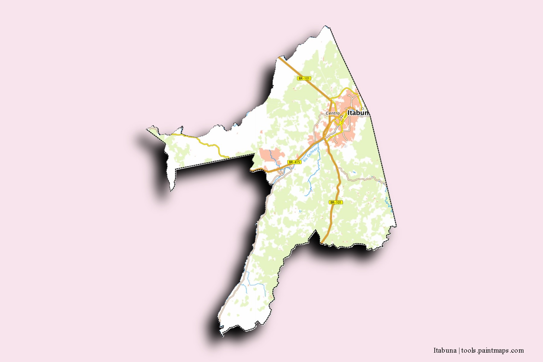 Mapa de barrios y pueblos de Itabuna con efecto de sombra 3D