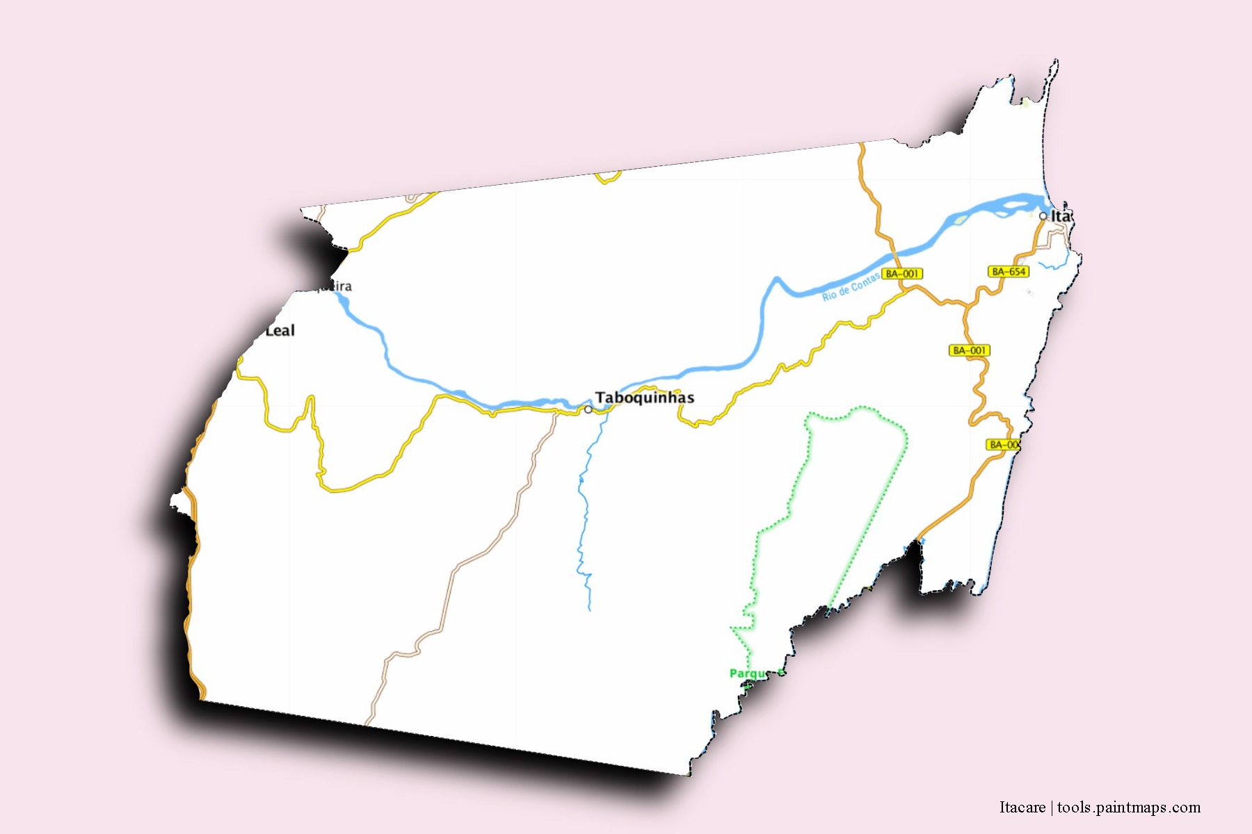 Itacare neighborhoods and villages map with 3D shadow effect