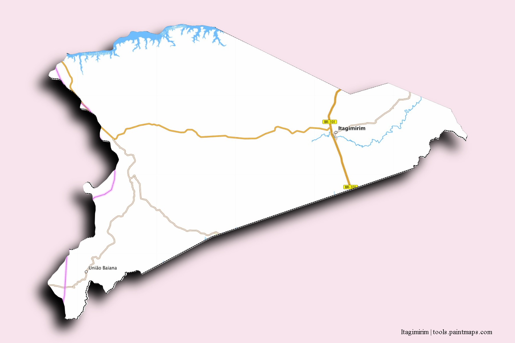 Itagimirim neighborhoods and villages map with 3D shadow effect