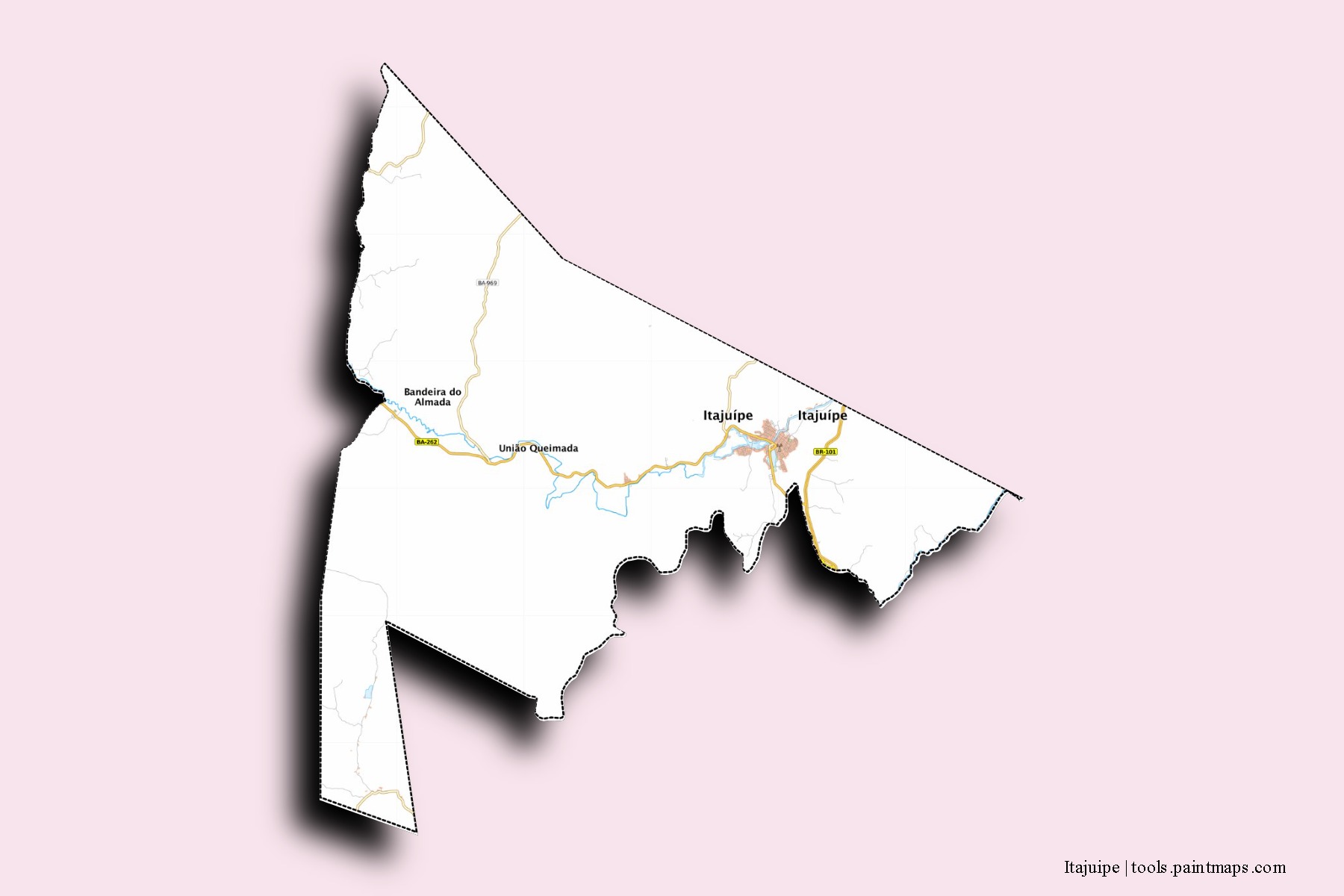 Mapa de barrios y pueblos de Itajuipe con efecto de sombra 3D