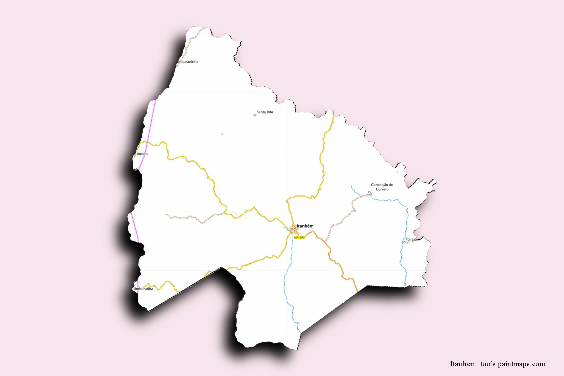 Mapa de barrios y pueblos de Itanhem con efecto de sombra 3D