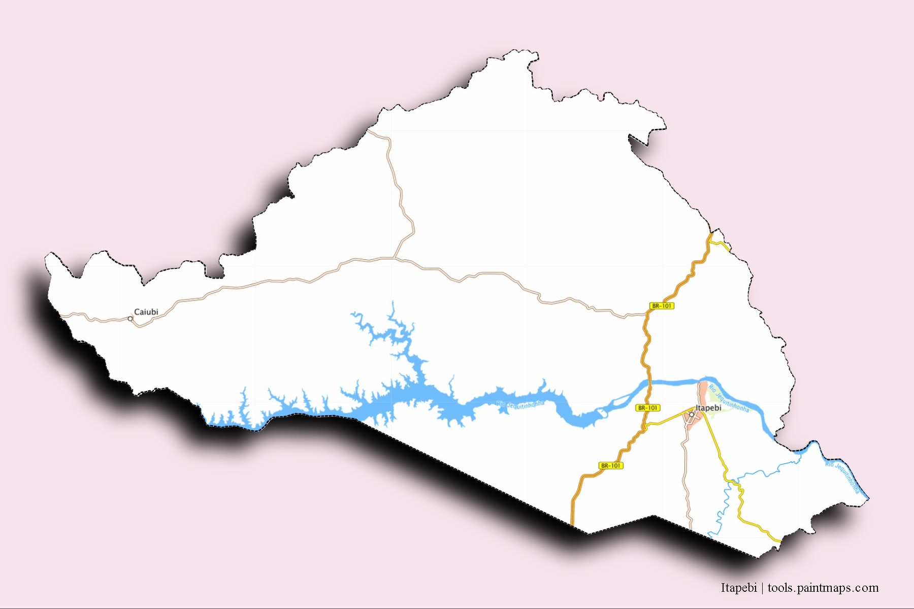 Mapa de barrios y pueblos de Itapebi con efecto de sombra 3D