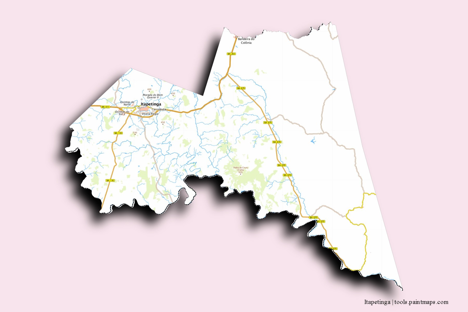 Itapetinga neighborhoods and villages map with 3D shadow effect