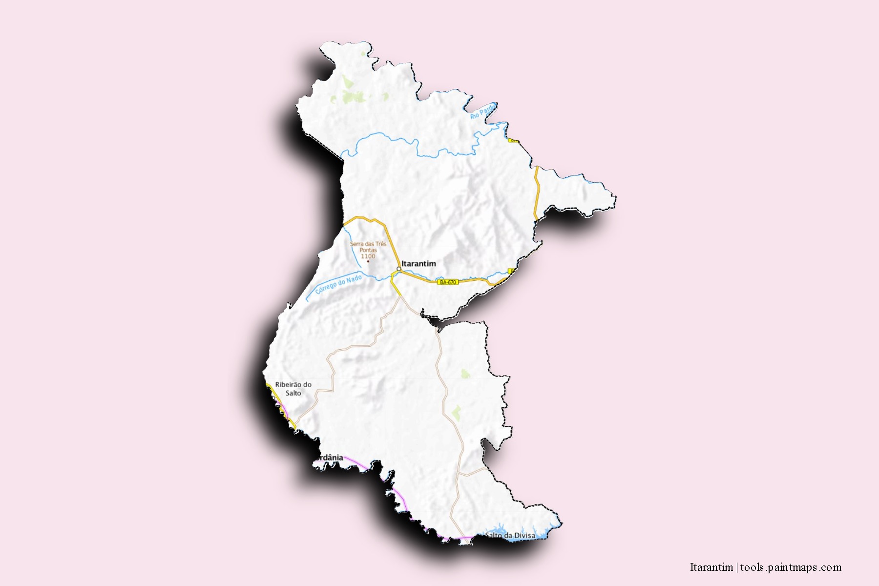 Mapa de barrios y pueblos de Itarantim con efecto de sombra 3D