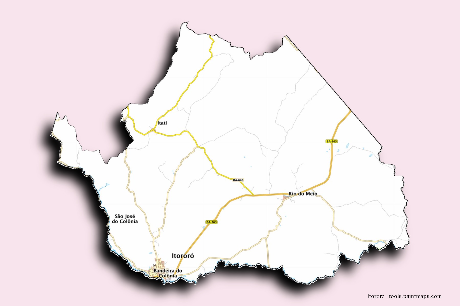 Mapa de barrios y pueblos de Itororo con efecto de sombra 3D