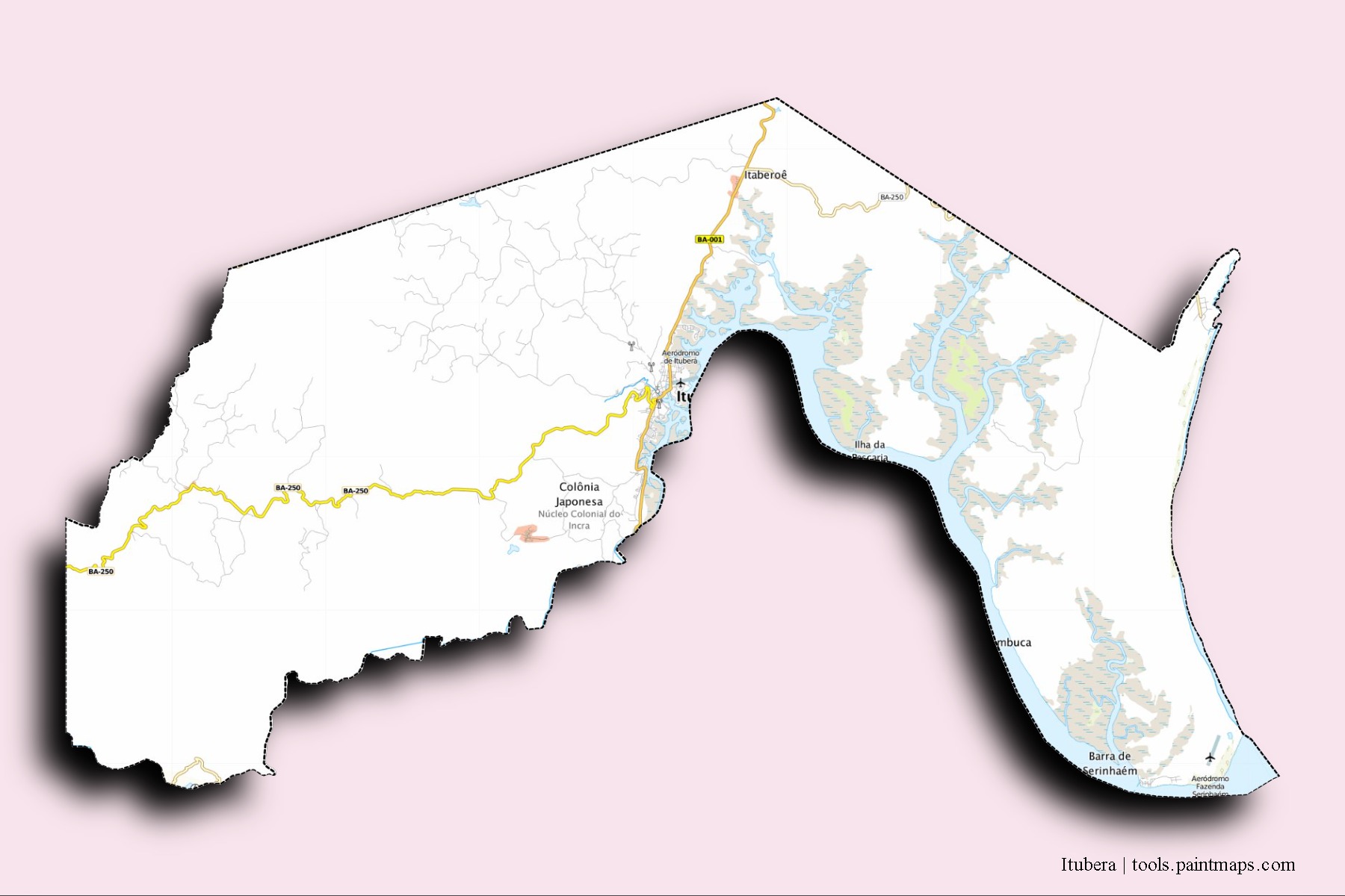 Mapa de barrios y pueblos de Itubera con efecto de sombra 3D