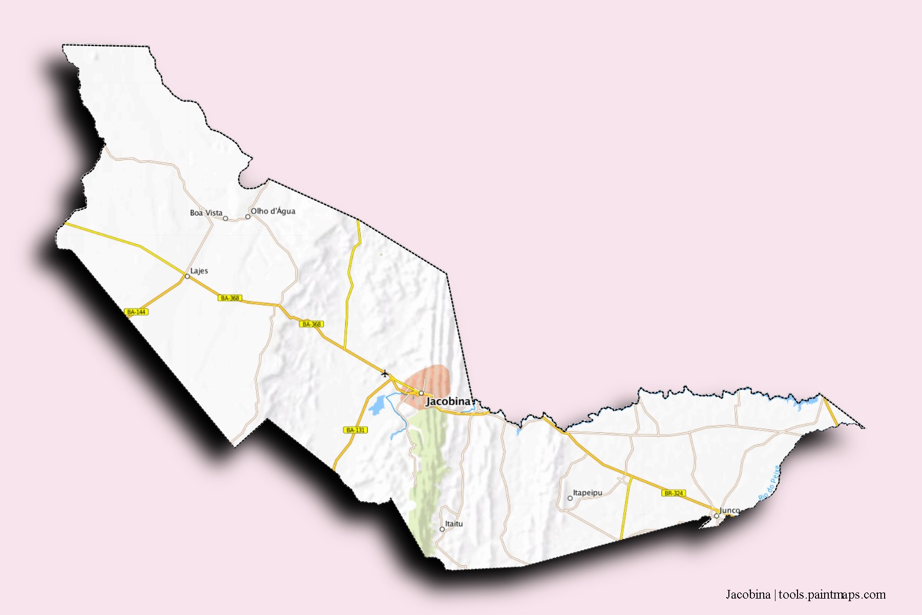 Mapa de barrios y pueblos de Jacobina con efecto de sombra 3D