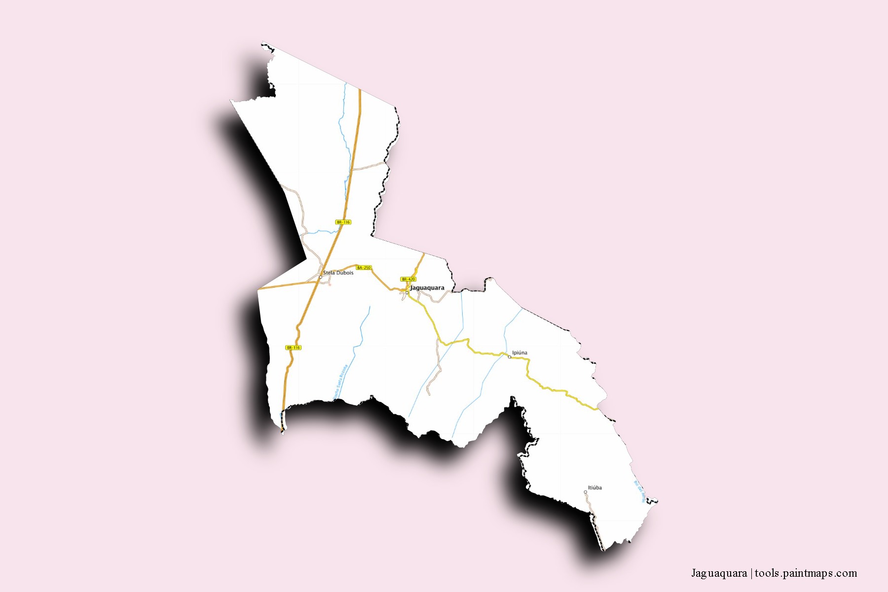 Mapa de barrios y pueblos de Jaguaquara con efecto de sombra 3D