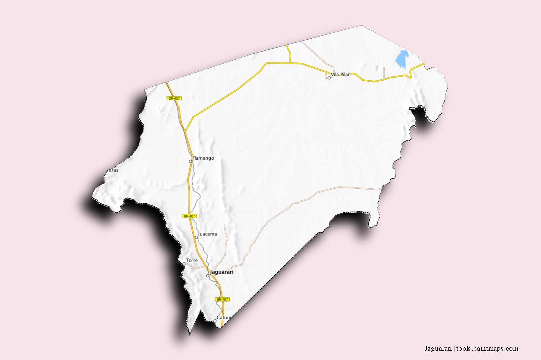 Mapa de barrios y pueblos de Jaguarari con efecto de sombra 3D