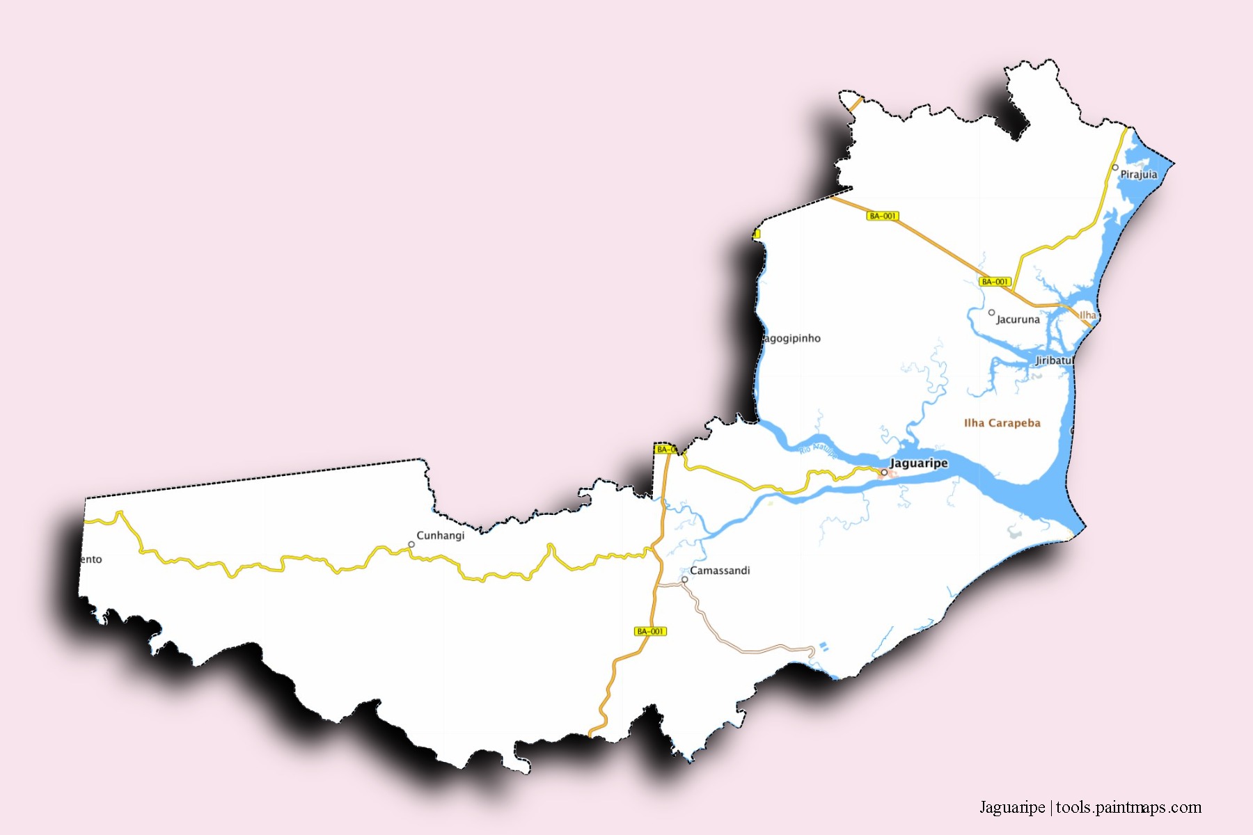 Jaguaripe neighborhoods and villages map with 3D shadow effect
