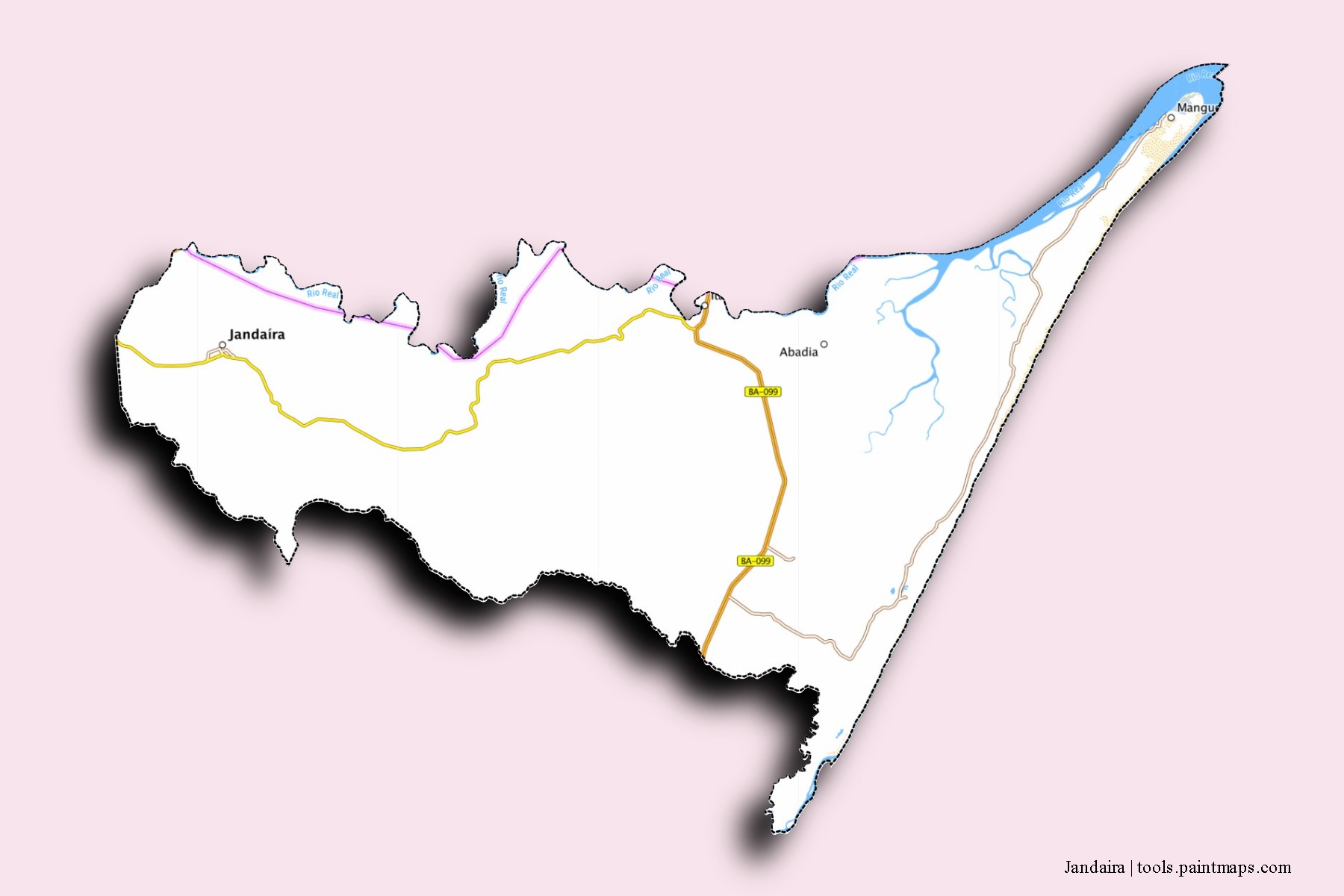 Mapa de barrios y pueblos de Jandaira con efecto de sombra 3D